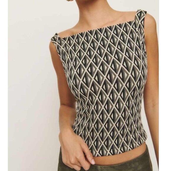 NEW Reformation Birch Tank Knit Top Small Art Deco Pattern Slightly Stretch - Picture 3 of 9